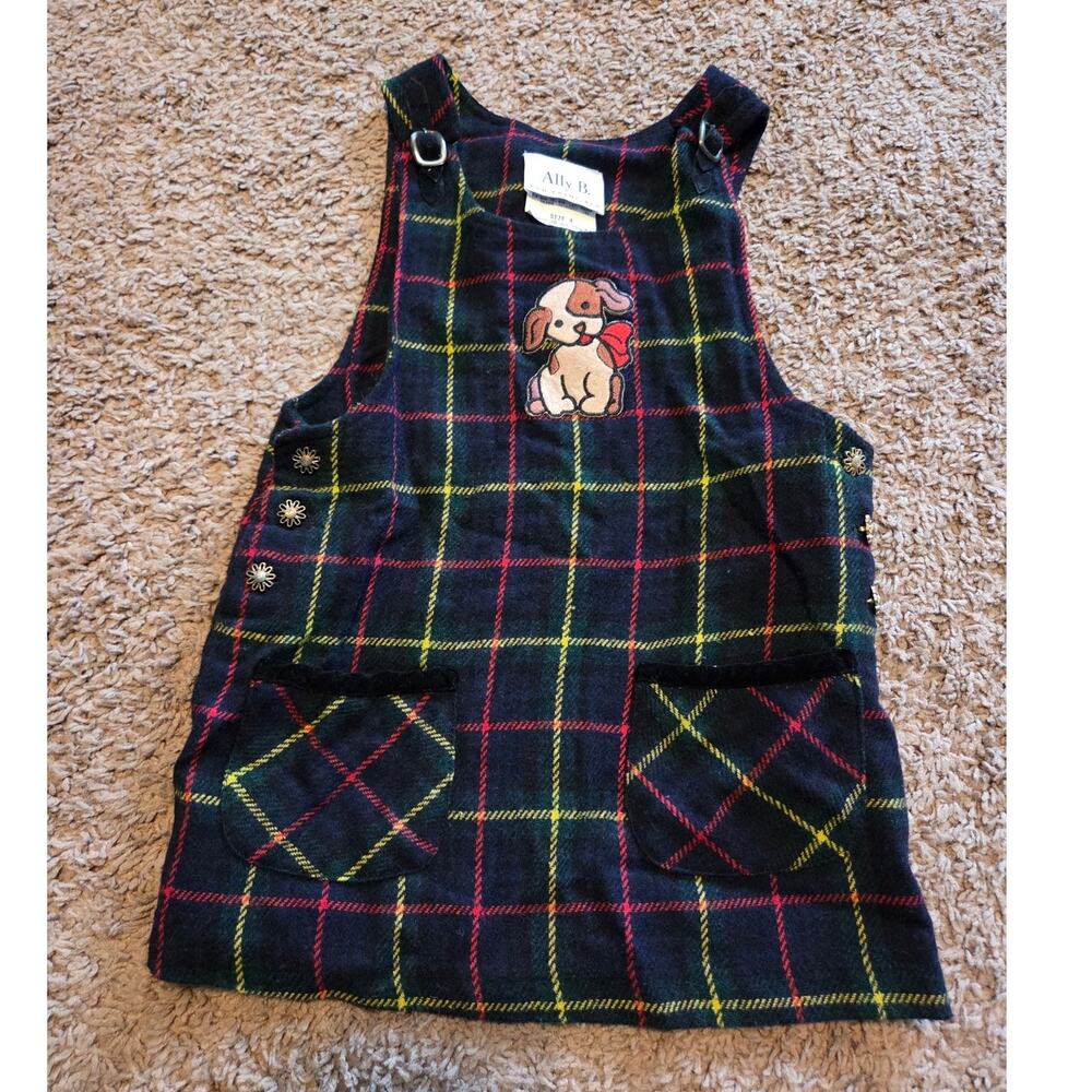 Ally B vintage tartan plaid dog applique sleeveless dress black navy girls 4